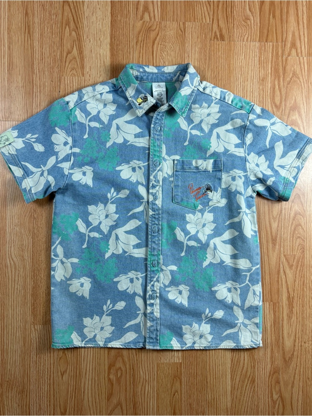 Disney Denim-Trim Floral Button-Up Shirt in Blue & Green
